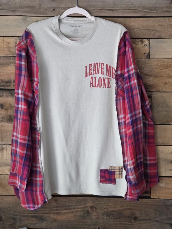 Trapos by Sonia Ruiz (upcycled) Tops - Upcycled Leave Me Alone Graphic Tee with Red Plaid Sleeve Detail
